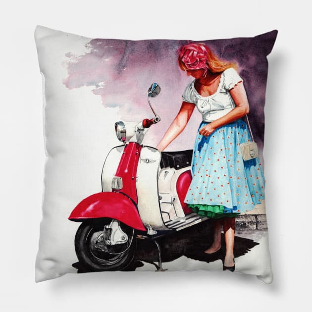 Fifties Lambretta Girl Pillow by Mightyfineart