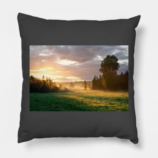 Foggy grassland and trees at sunrise Pillow