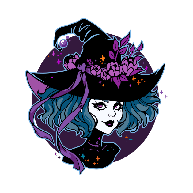 cute gothic witch wearing hat decorated with flowers by TADYSHOP