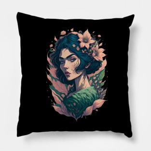 Ghibli style Woman Portrait Spirit Fairy Godess Pretty Queen Pillow