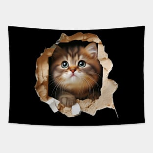 Darling kitty squeezing through a hole in the wall Tapestry