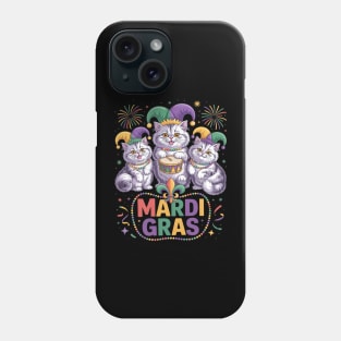 Mardi Gras Three Cute British Longhair Cats Masked Beads Phone Case