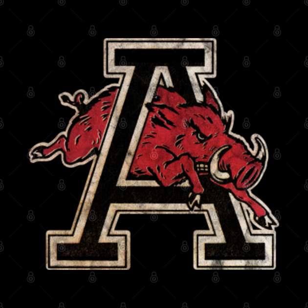 Arkansas U Mascot jumping through Letter A - Distressed version by Osprey Tees LLC