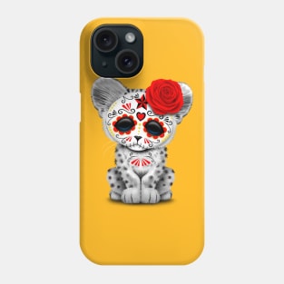 Red Day of the Dead Sugar Skull Snow Leopard Cub Phone Case