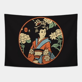 Woodblock print Japanese geisha in a temple garden Tapestry