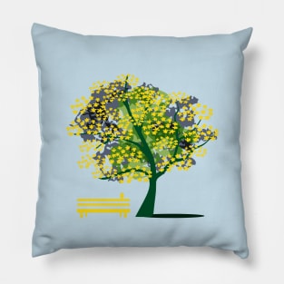 Spring Flowering Tree Park Bench Bird Pillow