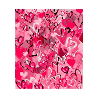 Playful Pink Hearts: Abstract Acrylic Art with Ink Doodles T-Shirt