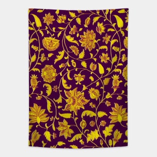 GOLD YELLOW PURPLE POMEGRANATES ,POMEGRANATE FLOWERS, LEAVES Oriental Floral Swirls Tapestry