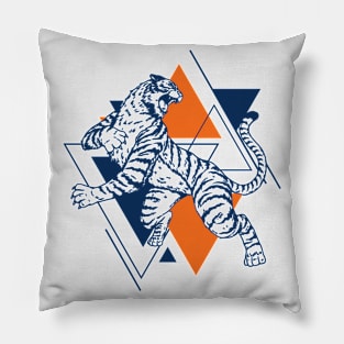 Retro Orange & Blue Tiger on the Attack // Vintage Geometric Shapes Background Pillow