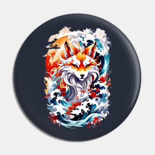 Kitsune fox, Japanese wave Pin