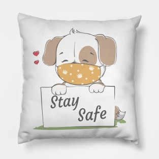 stay safe message with cute dog wearing face mask cartoon hand drawn Pillow