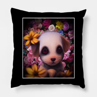 cute puppy in the middle of flowers Pillow