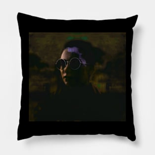 Beautiful girl with round glasses. Dark, like in night dream. Yellow, green and violet. Pillow