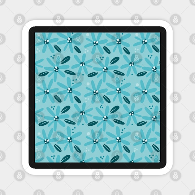 Cute turquoise  abstract flowers and grey leaves in a fun playful flowerpower pattern Magnet by marina63