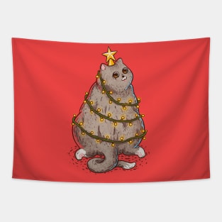 Merry Catmas - Funny Chonky Cat dressed as a Chritmas Tree Tapestry