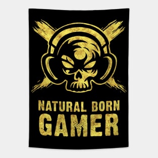 Natural Born GAMER Skull with Headphones Abstract Tattoo Style Tapestry