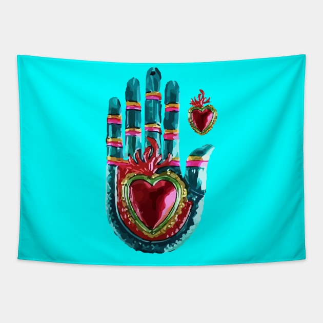 Tin hand mexican metal folk art and crafts sacred heart ornament Tapestry by T-Mex