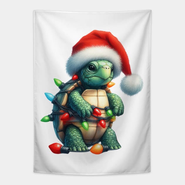 Turtle Wrapped In Christmas Lights Tapestry by Chromatic Fusion Studio