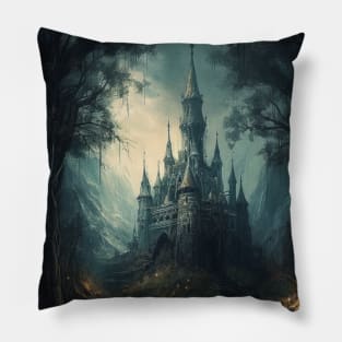 Gothic Futurism Castle in the Old Ancient Forest Pillow