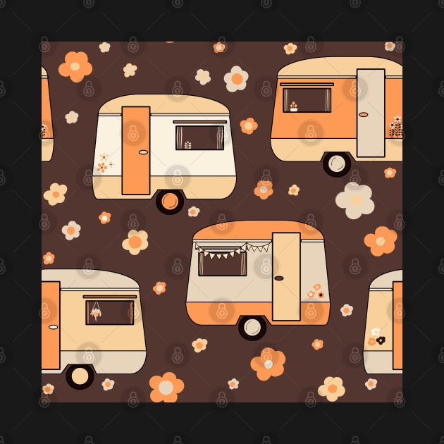 Repeat pattern of cute vintage caravans in retro colours on chocolate brown by NattyDesigns