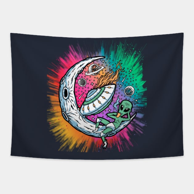 Coffee drinking alien moon outer space Tapestry by letnothingstopyou