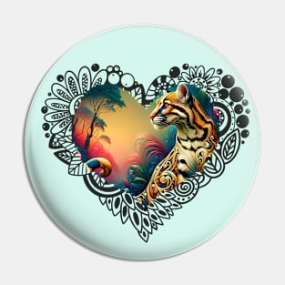 Exotic Ocelot in fantasy jungle, black lace heart Pin