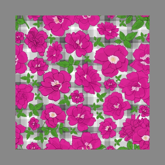 Retro Ramblin' Rose Pink and Green on Grey Plaid by ArtticArlo