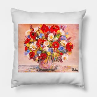 Bouquet of Сolorful Flowers In a Pot Pillow