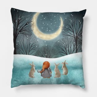 Nordic she gnome and rabbits in the snow, night forest watercolor illustration. Moonlight winter enchanted forest. Pillow