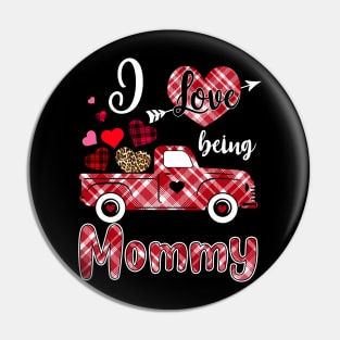 I Love Being Mommy Red Plaid Truck Heart Valentines Day Pin