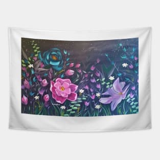 Moonlight Sonata, Glowing Flowers at Night, Bright Flowers on Black, Pink, Purple, Blue flowers, Floral Bedding, Floral Decor Tapestry