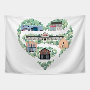 I Love the Town of Schitt's Creek, where everyone fits in. From the Rosebud Motel to Rose Apothecary, a drawing of the Schitt's Creek Buildings Tapestry