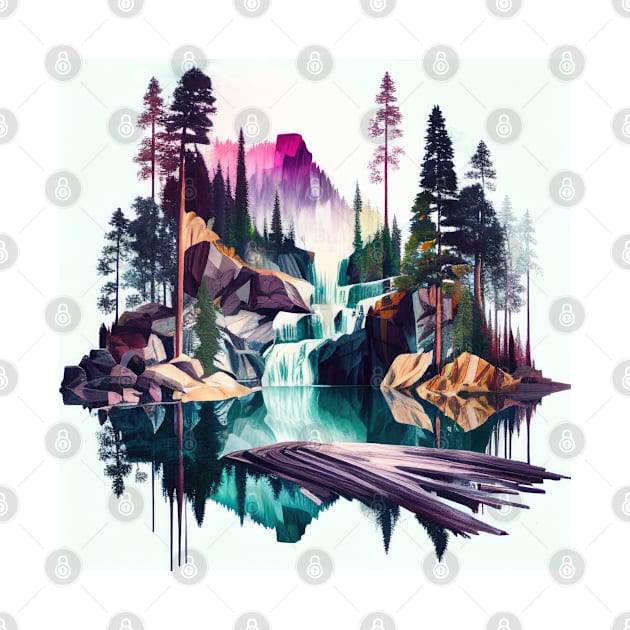 Colorful Mountain Forest Waterfall by The Art Mage