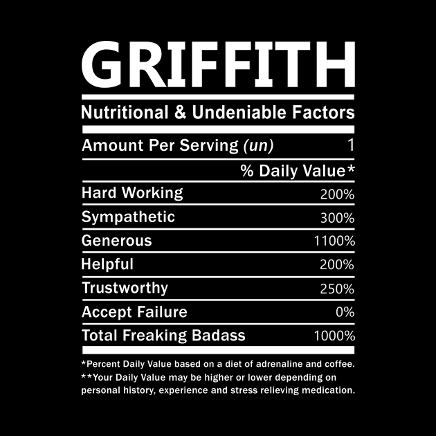 Griffith Name T Shirt - Griffith Nutritional and Undeniable Name Factors Gift Item Tee by nikitak4um