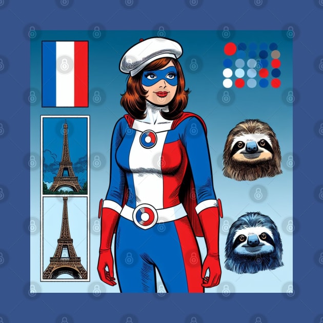 Francais: Female 1960's Comic Book Hero with Sloth by Woodpile