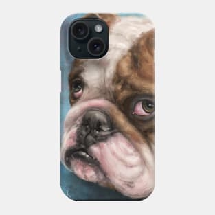 Painting of a Brown and white Bulldog with a Sad Face on Blue Background Phone Case