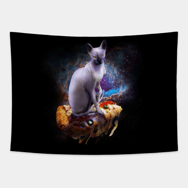 Galaxy Space Sphynx Hairless Cat On Pizza Tapestry by Random Galaxy