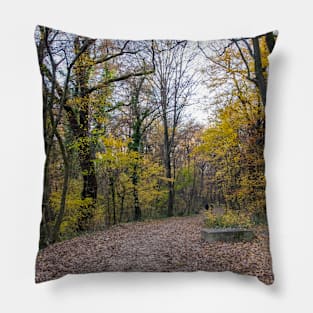 Walkway in a forest with yellow autumn trees Pillow