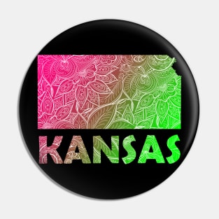 Colorful mandala art map of Kansas with text in pink and green Pin