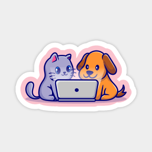 Cute Dog And Cute Cat Watching Together On Laptop Cartoon Magnet