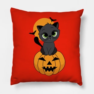 Cute Halloween Vampire Cat on Pumpkin Pillow