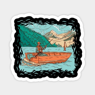 Fisherman in Boat a Man in a Lake Fishing in a Boat in Illustration Style Fishing Magnet