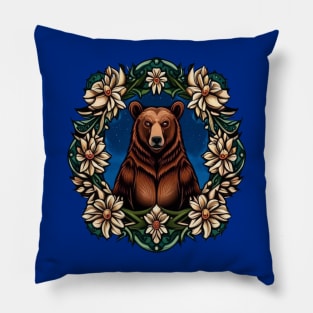 A Brown Bear Surrounded By Bitterroot Montana State Tattoo Art Pillow