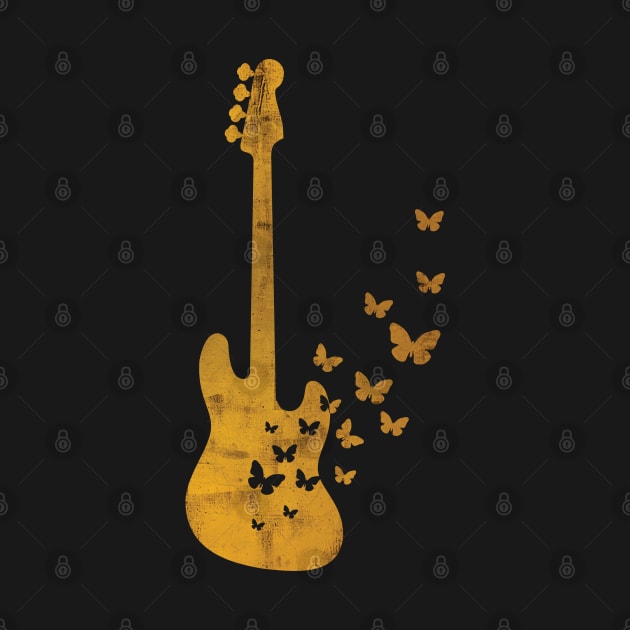 Bass Guitar Silhouette Turning Into Butterflies Gold by nightsworthy