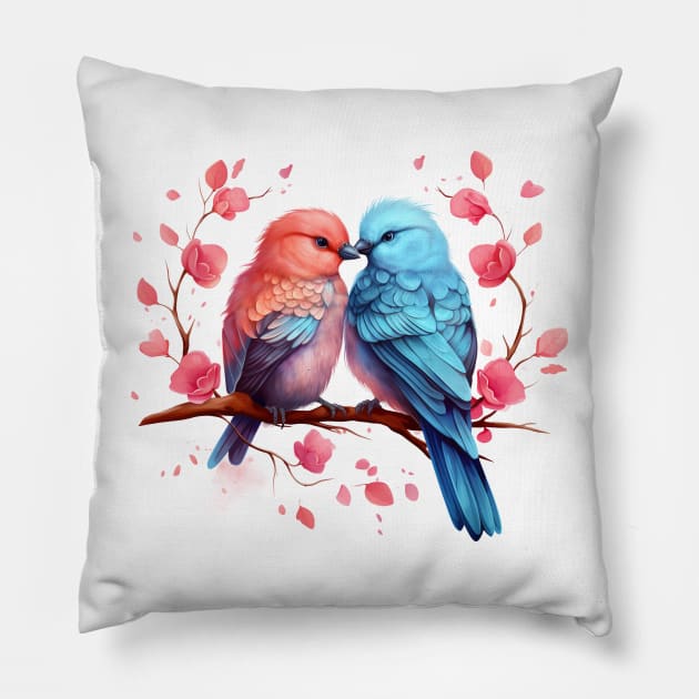 Valentine Kissing Azure Dollar Bird Couple Pillow by Chromatic Fusion Studio