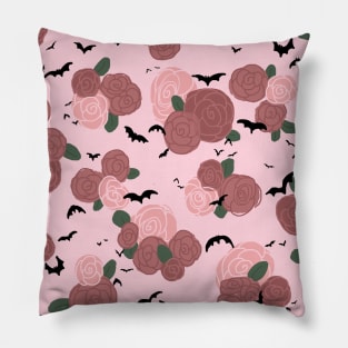 Bats on Pink with Rose Flowers Pillow