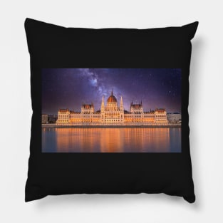 Hungarian Parliament at night in Budapest, Hungary Pillow