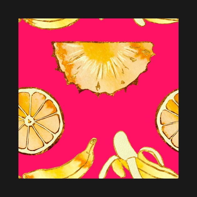 yellow, pineapple, banana, yellow, orange, juicy, fruit, glitter, gold, summer, pattern, funny, sunny, vivid, pink by ArtInPi