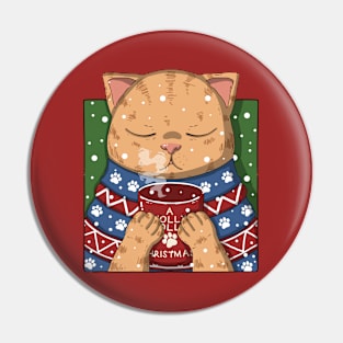 Cute Tabby Cat Drinking Coffee On Christmas Pin