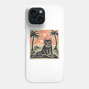 Black Cat Lino Cut Hawaiian Sunset Phone Case